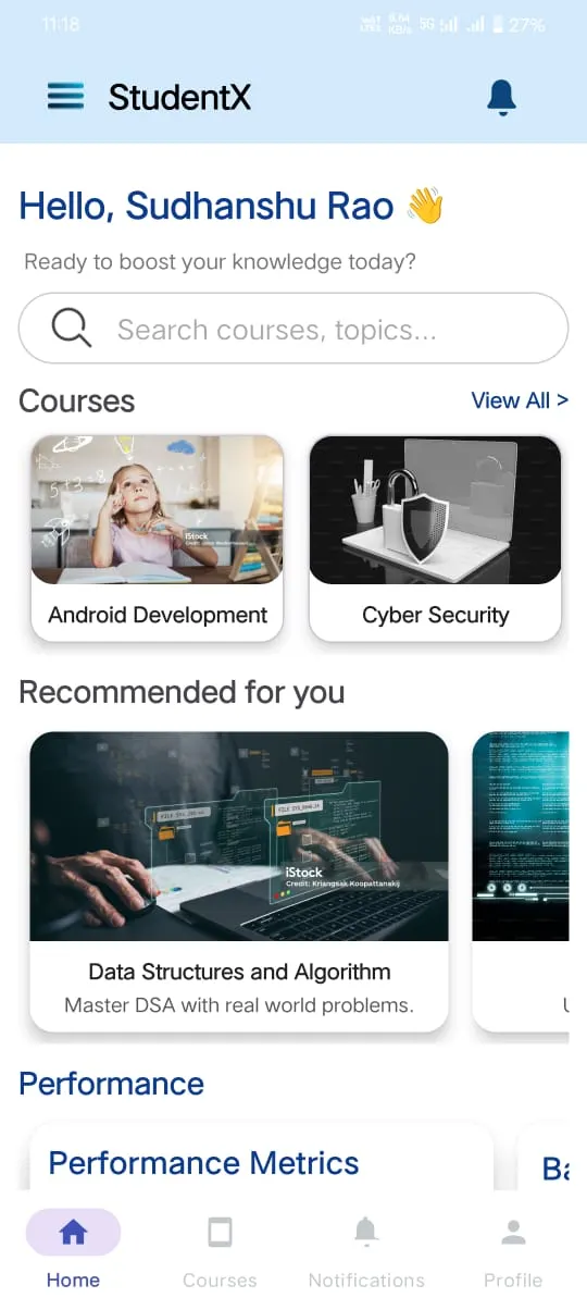 StudentX Learning Management System mobile UI design by Sudhanshu Kumar